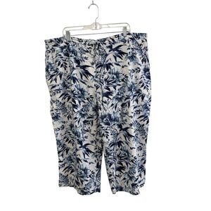 Per Se Floral Linen Rayon Blend Cropped Capri Pants Sz 2X Blue Drawstring Cruise